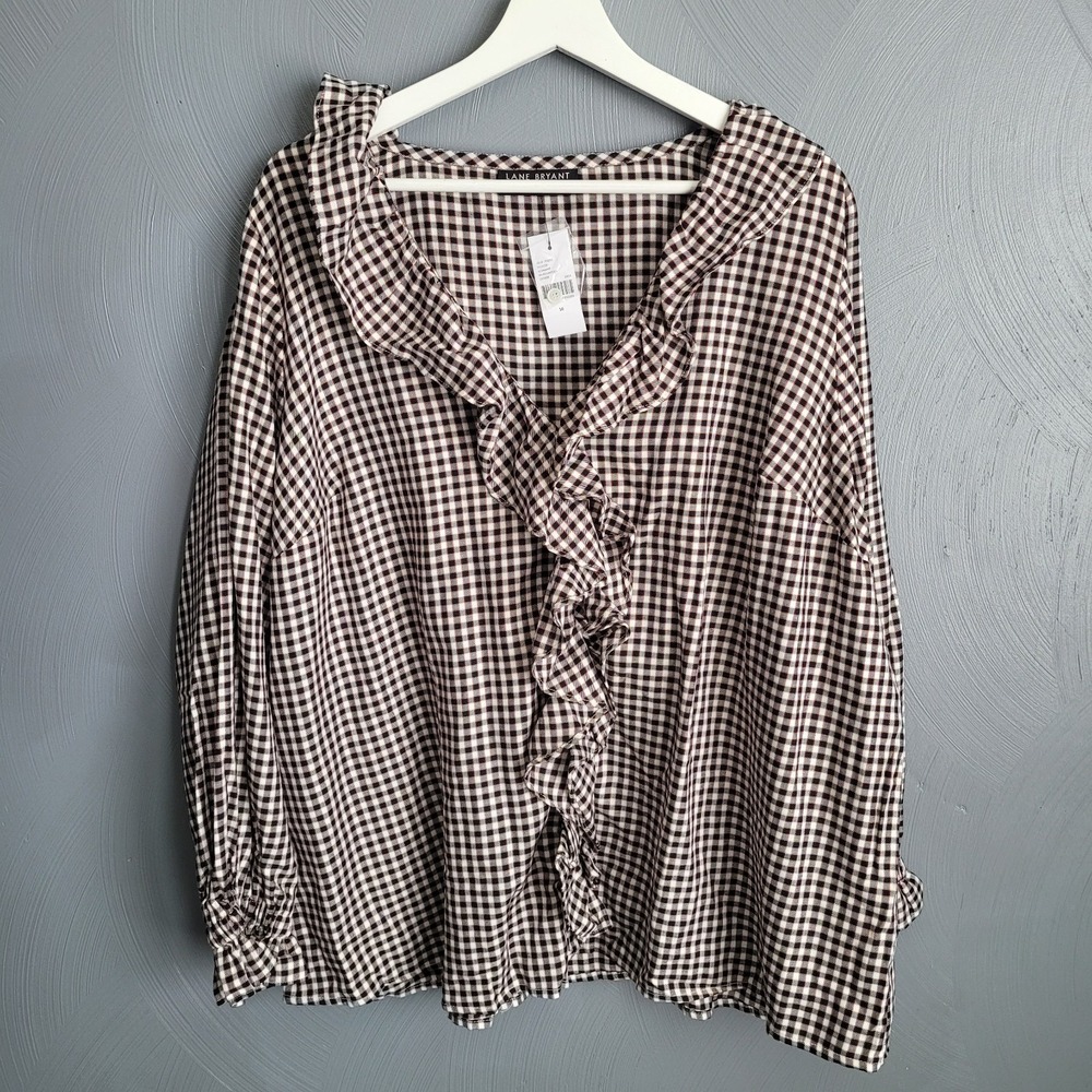 LANE BRYANT Top Size 16 Ruffle Front Button Up Long Sleeve Plaid Print NEW